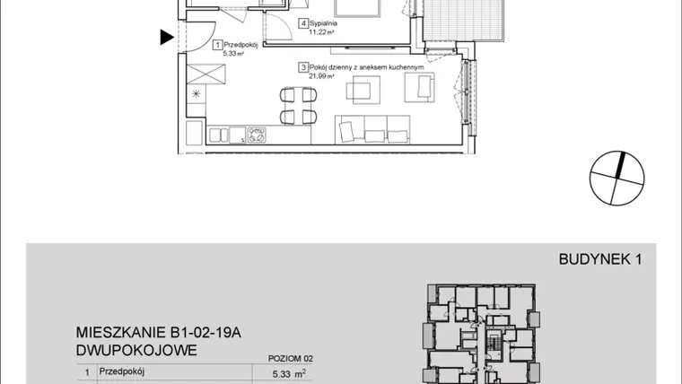 Rzut - Mieszkanie na sprzedaż 2 pokoje o powierzchni 43,08 m² - numer B1-02-19A w Nowa Francuska