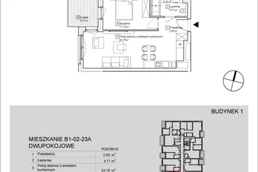 Rzut - Mieszkanie na sprzedaż 2 pokoje o powierzchni 42,91 m² - numer B1-02-23A w Nowa Francuska