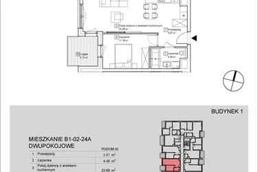 Rzut - Mieszkanie na sprzedaż 2 pokoje o powierzchni 43,29 m² - numer B1-02-24A w Nowa Francuska