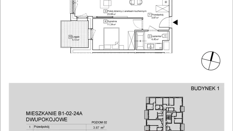 Rzut - Mieszkanie na sprzedaż 2 pokoje o powierzchni 43,29 m² - numer B1-02-24A w Nowa Francuska