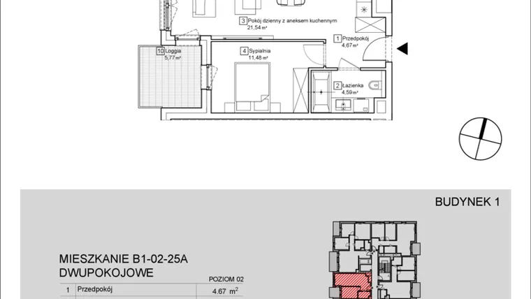 Rzut - Mieszkanie na sprzedaż 2 pokoje o powierzchni 42,66 m² - numer B1-02-25A w Nowa Francuska