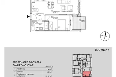 Rzut - Mieszkanie na sprzedaż 2 pokoje o powierzchni 43,43 m² - numer B1-03-29A w Nowa Francuska
