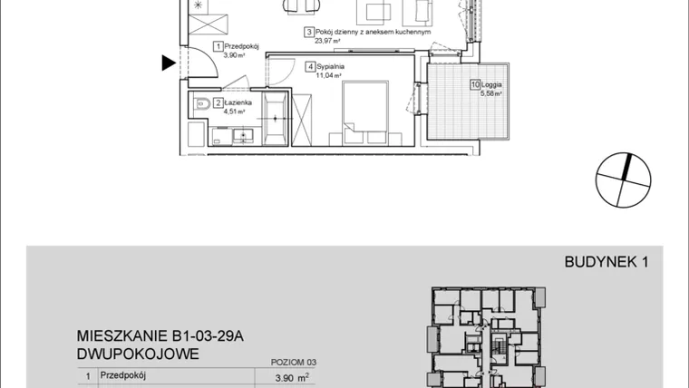 Rzut - Mieszkanie na sprzedaż 2 pokoje o powierzchni 43,43 m² - numer B1-03-29A w Nowa Francuska