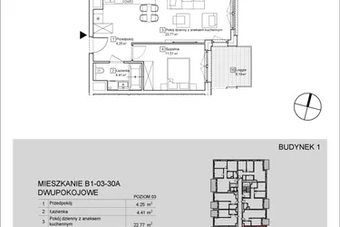 Rzut - Mieszkanie na sprzedaż 2 pokoje o powierzchni 42,92 m² - numer B1-03-30A w Nowa Francuska