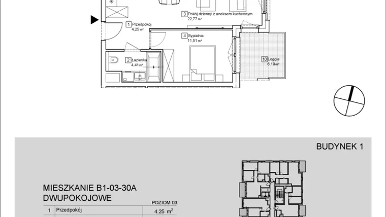 Rzut - Mieszkanie na sprzedaż 2 pokoje o powierzchni 42,92 m² - numer B1-03-30A w Nowa Francuska