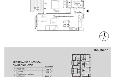 Rzut - Mieszkanie na sprzedaż 2 pokoje o powierzchni 42,92 m² - numer B1-03-33A w Nowa Francuska