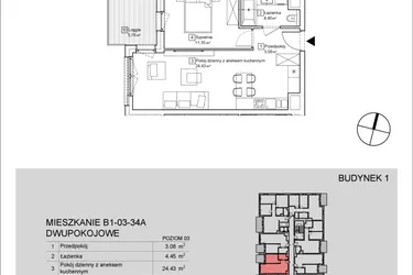 Rzut - Mieszkanie na sprzedaż 2 pokoje o powierzchni 43,79 m² - numer B1-03-34A w Nowa Francuska