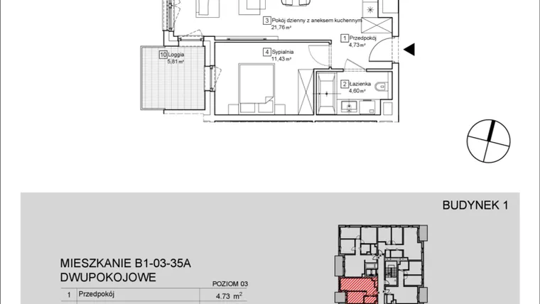 Rzut - Mieszkanie na sprzedaż 2 pokoje o powierzchni 42,7 m² - numer B1-03-35A w Nowa Francuska