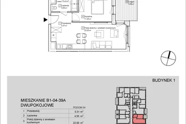 Rzut - Mieszkanie na sprzedaż 2 pokoje o powierzchni 43,08 m² - numer B1-04-39A w Nowa Francuska