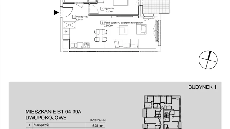 Rzut - Mieszkanie na sprzedaż 2 pokoje o powierzchni 43,08 m² - numer B1-04-39A w Nowa Francuska