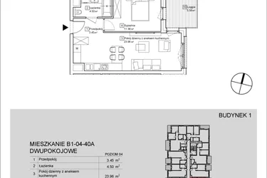 Rzut - Mieszkanie na sprzedaż 2 pokoje o powierzchni 43,19 m² - numer B1-04-40A w Nowa Francuska