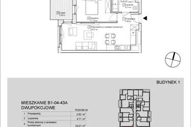 Rzut - Mieszkanie na sprzedaż 2 pokoje o powierzchni 42,9 m² - numer B1-04-43A w Nowa Francuska