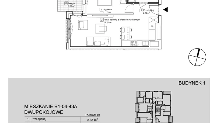 Rzut - Mieszkanie na sprzedaż 2 pokoje o powierzchni 42,9 m² - numer B1-04-43A w Nowa Francuska