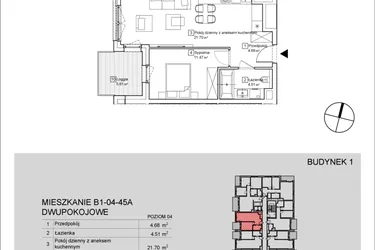 Rzut - Mieszkanie na sprzedaż 2 pokoje o powierzchni 43,32 m² - numer B1-04-45A w Nowa Francuska