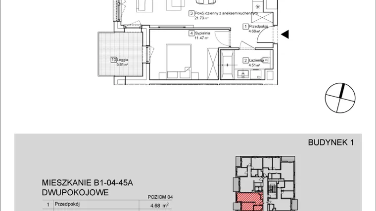 Rzut - Mieszkanie na sprzedaż 2 pokoje o powierzchni 43,32 m² - numer B1-04-45A w Nowa Francuska