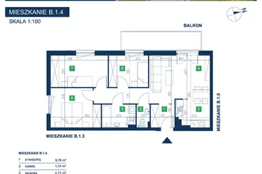 Rzut - Mieszkanie na sprzedaż 4 pokoje o powierzchni 69,62 m² - numer B.1.4 w EcoVista
