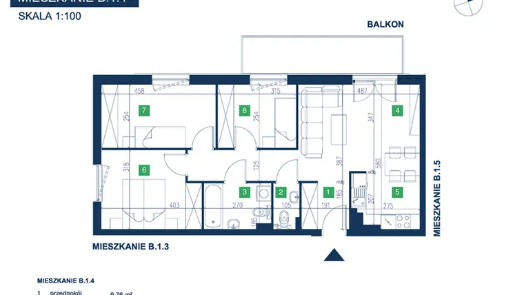 Rzut - Mieszkanie na sprzedaż 4 pokoje o powierzchni 69,62 m² - numer B.1.4 w EcoVista