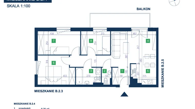 Rzut - Mieszkanie na sprzedaż 4 pokoje o powierzchni 69,4 m² - numer B.2.4 w EcoVista