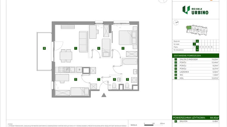 Rzut - Mieszkanie na sprzedaż 4 pokoje o powierzchni 64,4 m² - numer 2.2.D.14 w Osiedle Urbino etap II