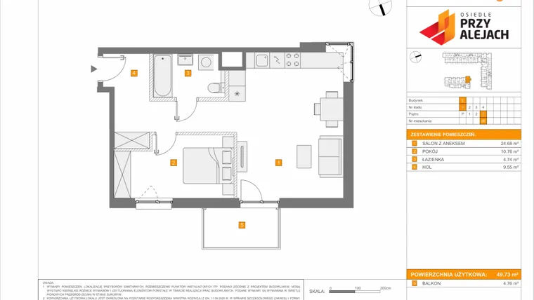 Rzut - Mieszkanie na sprzedaż 2 pokoje o powierzchni 49,73 m² - numer 3.1.E.28 w Osiedle przy Alejach etap 3