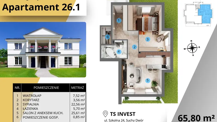 Rzut - Mieszkanie na sprzedaż 2 pokoje o powierzchni 65,18 m² - numer 26.1. w Ogrody Tesoro VI