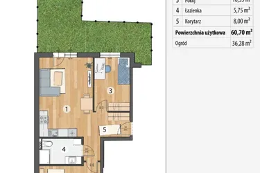 Rzut - Mieszkanie na sprzedaż 3 pokoje o powierzchni 60,7 m² - numer G1-02 w Osada Sportowa Smolec