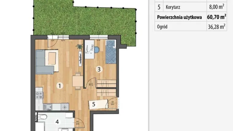 Rzut - Mieszkanie na sprzedaż 3 pokoje o powierzchni 60,7 m² - numer G1-02 w Osada Sportowa Smolec