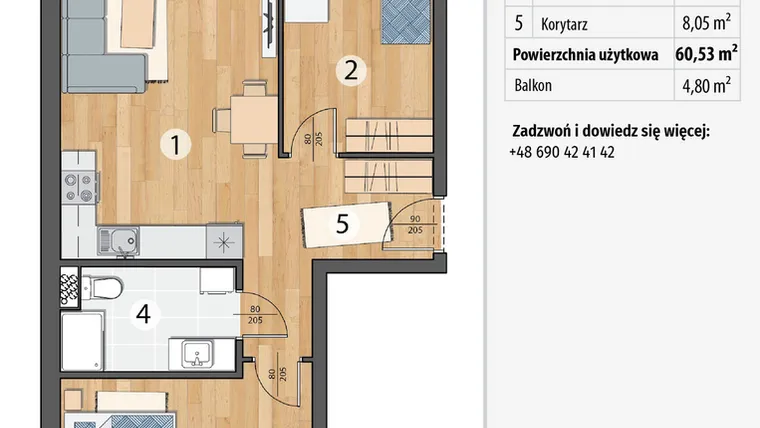 Rzut - Mieszkanie na sprzedaż 3 pokoje o powierzchni 60,53 m² - numer G1-09 w Osada Sportowa Smolec