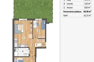 Rzut - Mieszkanie na sprzedaż 3 pokoje o powierzchni 60,98 m² - numer G2-02 w Osada Sportowa Smolec