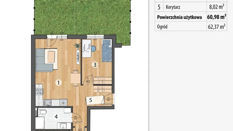 Rzut - Mieszkanie na sprzedaż 3 pokoje o powierzchni 60,98 m² - numer G2-02 w Osada Sportowa Smolec