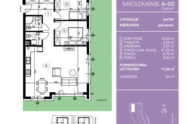 Rzut - Mieszkanie na sprzedaż 3 pokoje o powierzchni 71,44 m² - numer A-02 w AURA Warszewo