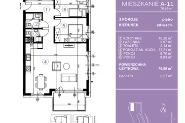 Rzut - Mieszkanie na sprzedaż 3 pokoje o powierzchni 71,36 m² - numer A-11 w AURA Warszewo