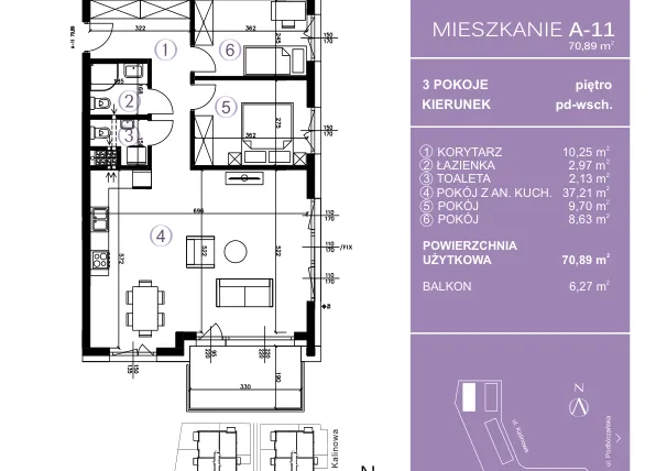 Rzut - Mieszkanie na sprzedaż 3 pokoje o powierzchni 71,36 m² - numer A-11 w AURA Warszewo
