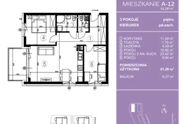 Rzut - Mieszkanie na sprzedaż 3 pokoje o powierzchni 61,65 m² - numer A-12 w AURA Warszewo