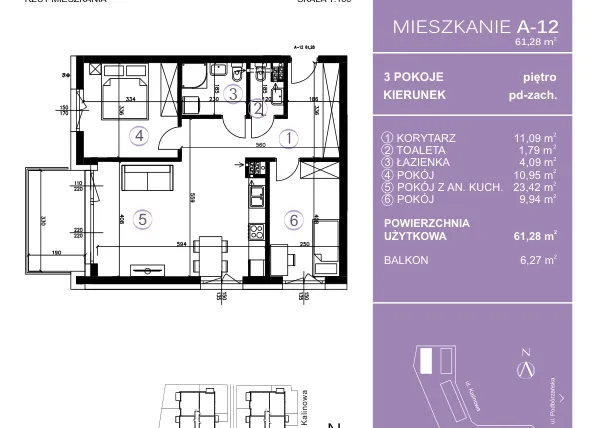 Rzut - Mieszkanie na sprzedaż 3 pokoje o powierzchni 61,65 m² - numer A-12 w AURA Warszewo