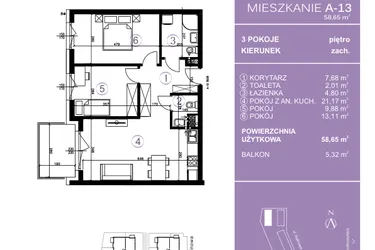 Rzut - Mieszkanie na sprzedaż 3 pokoje o powierzchni 59,19 m² - numer A-13 w AURA Warszewo