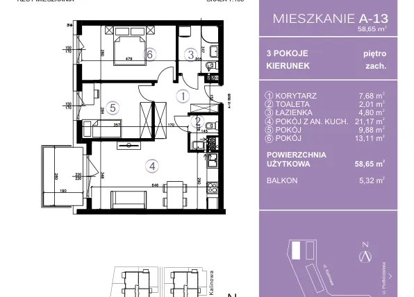 Rzut - Mieszkanie na sprzedaż 3 pokoje o powierzchni 59,19 m² - numer A-13 w AURA Warszewo