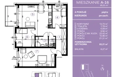Rzut - Mieszkanie na sprzedaż 4 pokoje o powierzchni 85,48 m² - numer A-16 w AURA Warszewo