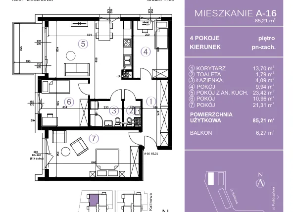 Rzut - Mieszkanie na sprzedaż 4 pokoje o powierzchni 85,48 m² - numer A-16 w AURA Warszewo