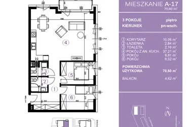 Rzut - Mieszkanie na sprzedaż 3 pokoje o powierzchni 70,93 m² - numer A-17 w AURA Warszewo