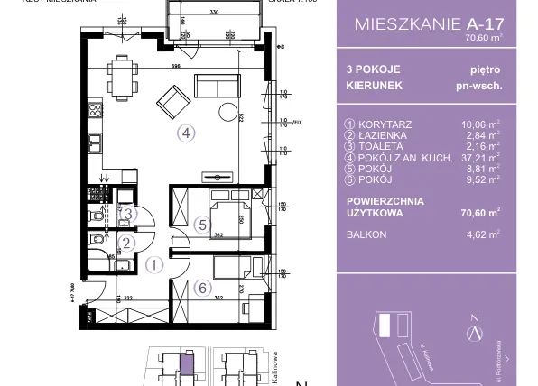 Rzut - Mieszkanie na sprzedaż 3 pokoje o powierzchni 70,93 m² - numer A-17 w AURA Warszewo