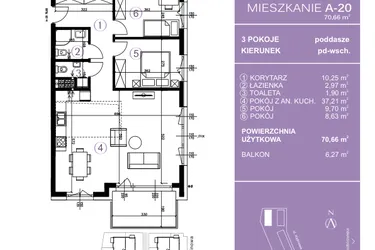 Rzut - Mieszkanie na sprzedaż 3 pokoje o powierzchni 71,04 m² - numer A-20 w AURA Warszewo