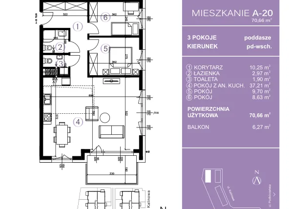 Rzut - Mieszkanie na sprzedaż 3 pokoje o powierzchni 71,04 m² - numer A-20 w AURA Warszewo