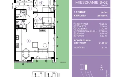 Rzut - Mieszkanie na sprzedaż 3 pokoje o powierzchni 71,57 m² - numer B-02 w AURA Warszewo