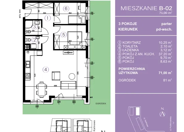 Rzut - Mieszkanie na sprzedaż 3 pokoje o powierzchni 71,57 m² - numer B-02 w AURA Warszewo