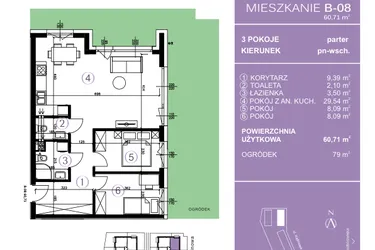 Rzut - Mieszkanie na sprzedaż 3 pokoje o powierzchni 61,28 m² - numer B-08 w AURA Warszewo