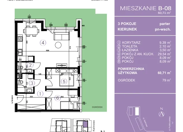Rzut - Mieszkanie na sprzedaż 3 pokoje o powierzchni 61,28 m² - numer B-08 w AURA Warszewo