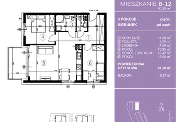 Rzut - Mieszkanie na sprzedaż 3 pokoje o powierzchni 61,5 m² - numer B-12 w AURA Warszewo
