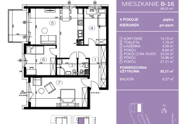 Rzut - Mieszkanie na sprzedaż 4 pokoje o powierzchni 85,9 m² - numer B-16 w AURA Warszewo