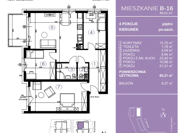 Rzut - Mieszkanie na sprzedaż 4 pokoje o powierzchni 85,9 m² - numer B-16 w AURA Warszewo